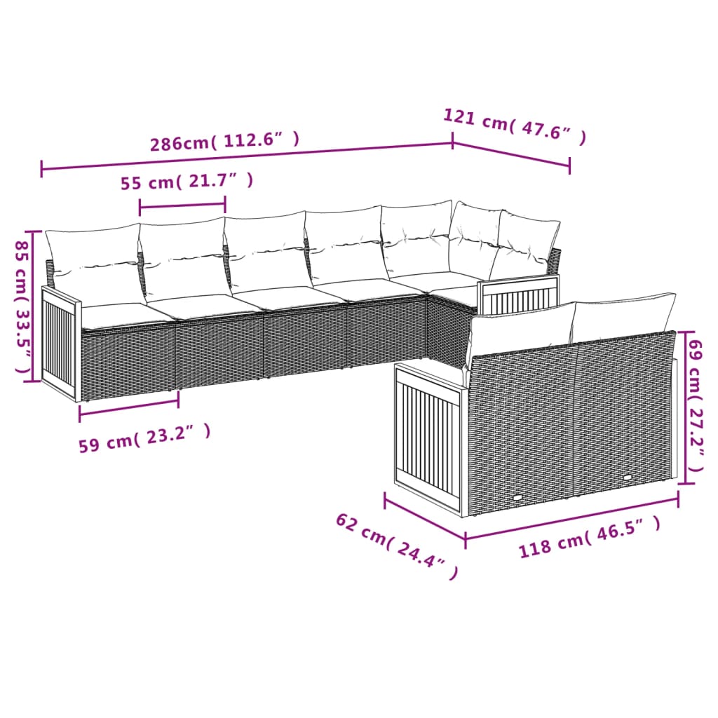 8 Pcs conjunto de sofás p/ jardim com almofadões vime PE bege