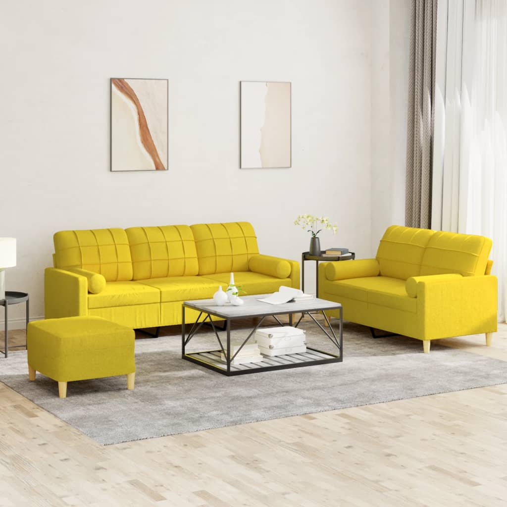 3 Pcs conjunto de sofás com almofadas tecido amarelo-claro