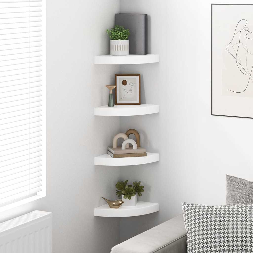 Prateleiras de canto flutuantes 4 peças branco alto brilho 25x25x3,8 cm MDF