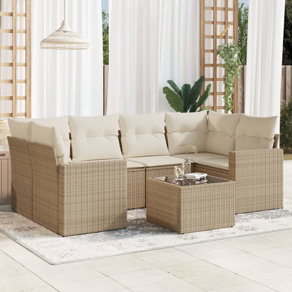 7 Pcs conjunto de sofás p/ jardim com almofadões vime PE bege