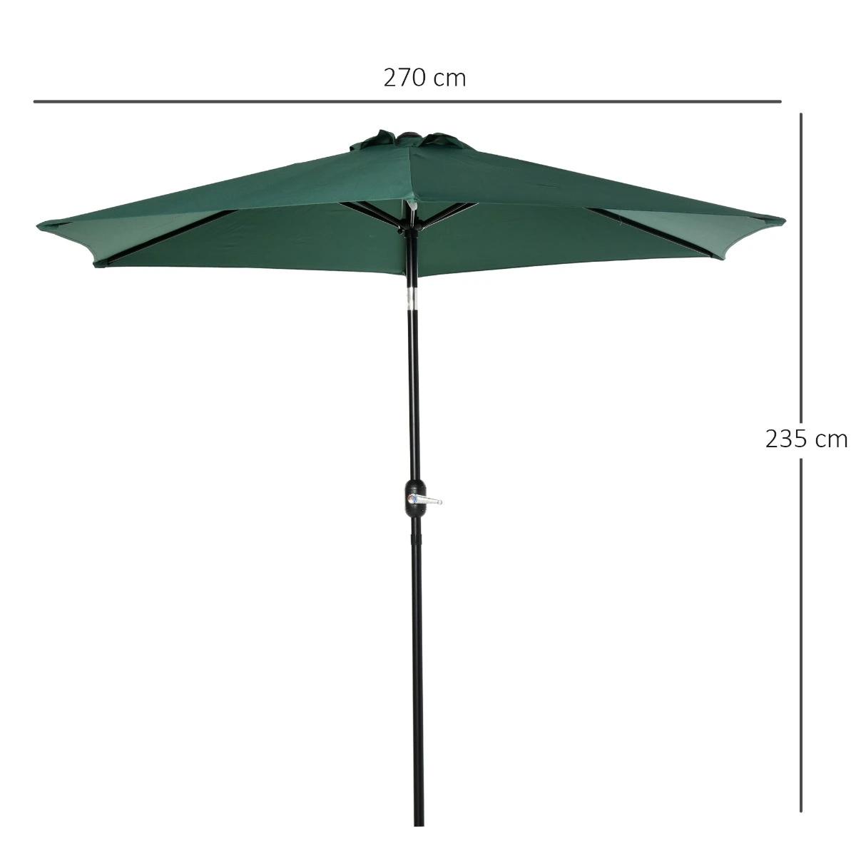Chapéu de sol de jardim ø270x235cm chapéu de sol de alumínio reclinável com manivela e 6 hastes para terraço exterior balcão verde