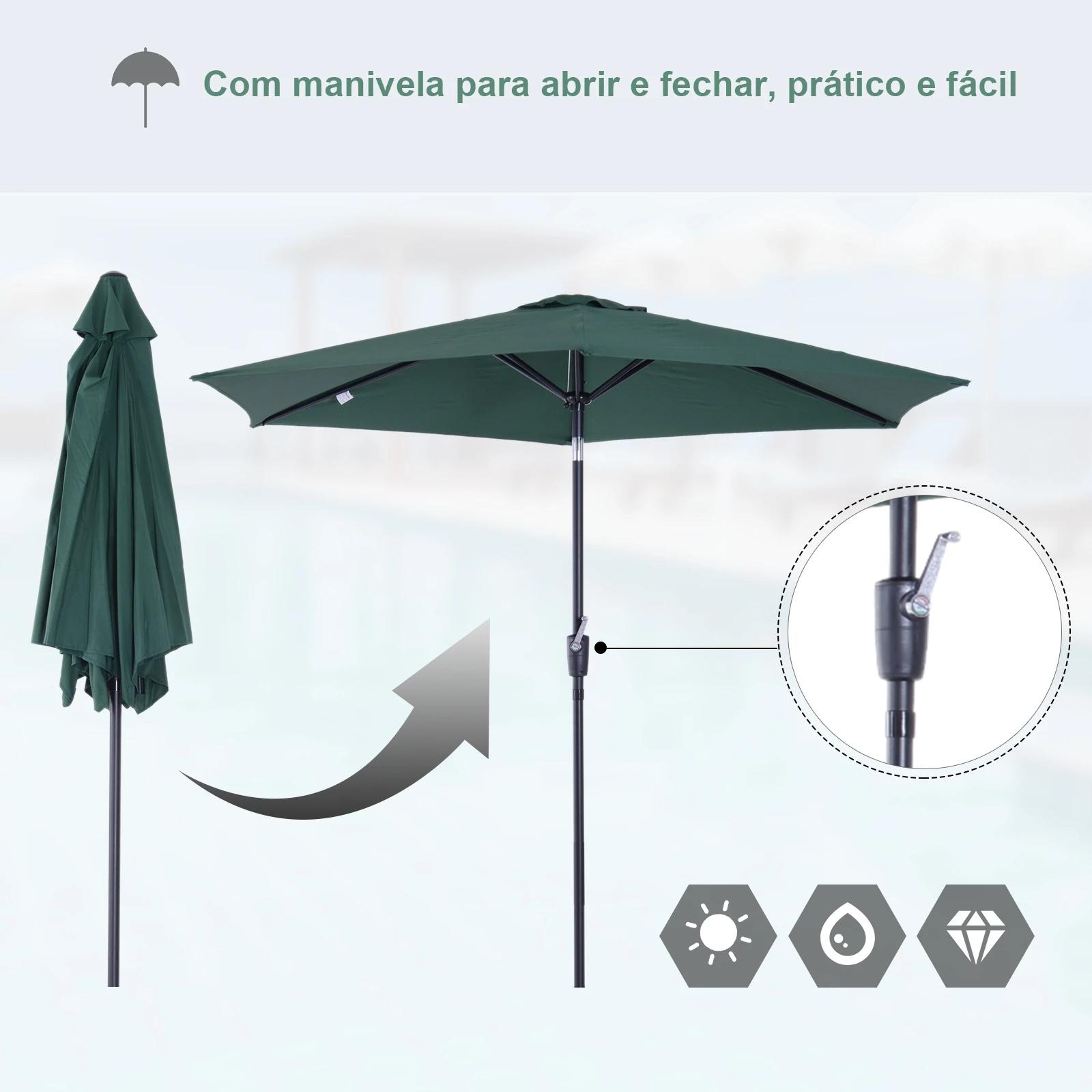 Chapéu de sol de jardim ø270x235cm chapéu de sol de alumínio reclinável com manivela e 6 hastes para terraço exterior balcão verde