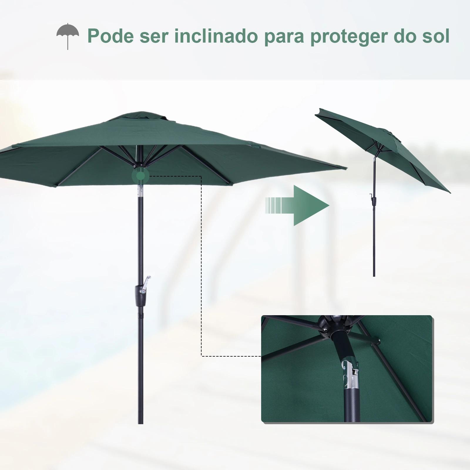 Chapéu de sol de jardim ø270x235cm chapéu de sol de alumínio reclinável com manivela e 6 hastes para terraço exterior balcão verde