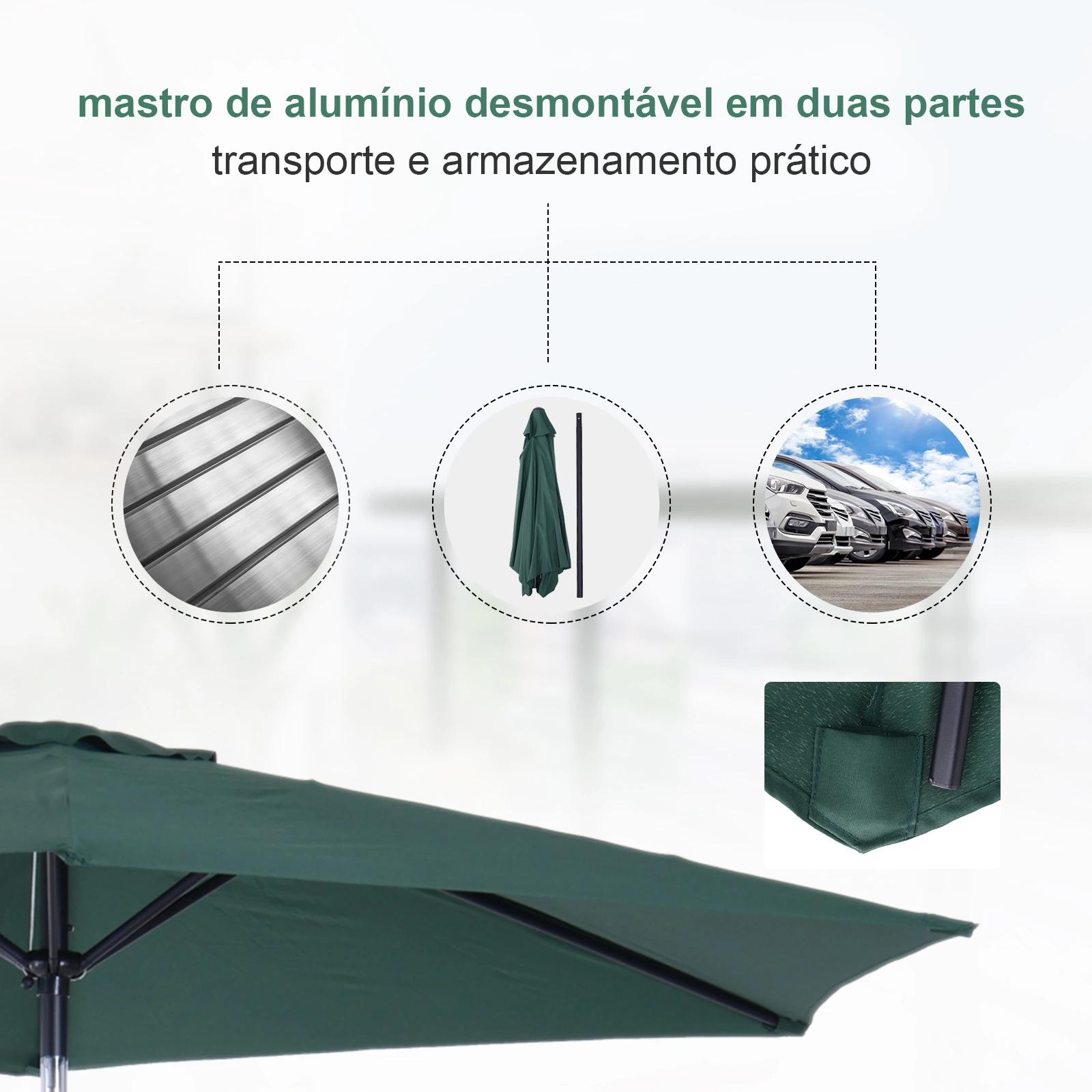 Chapéu de sol de jardim ø270x235cm chapéu de sol de alumínio reclinável com manivela e 6 hastes para terraço exterior balcão verde