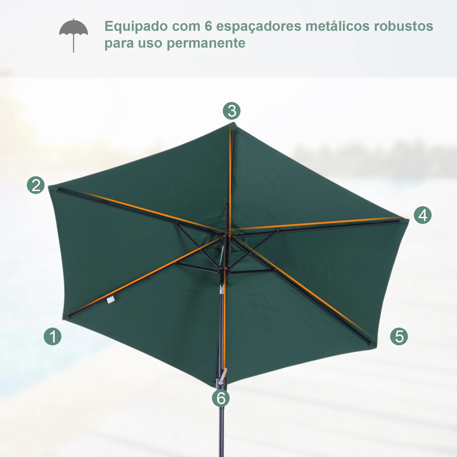 Chapéu de sol de jardim ø270x235cm chapéu de sol de alumínio reclinável com manivela e 6 hastes para terraço exterior balcão verde