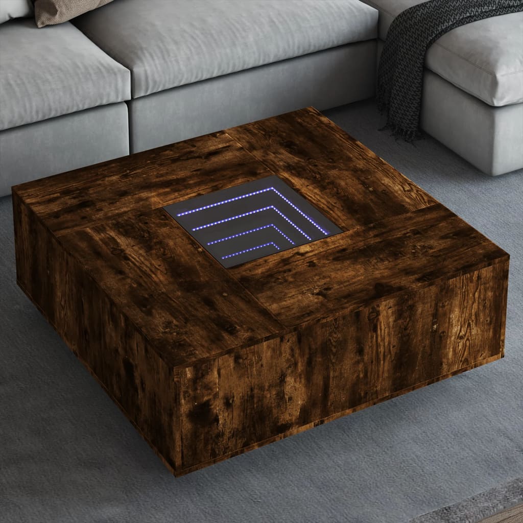Mesa de centro luzes LED infinity 100x100x40 cm carvalho fumado