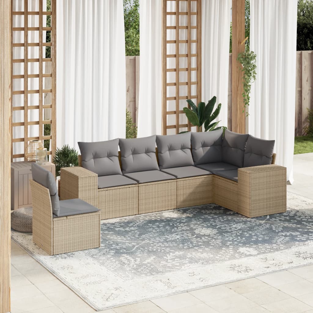 6 Pcs conjunto de sofás p/ jardim com almofadões vime PE bege