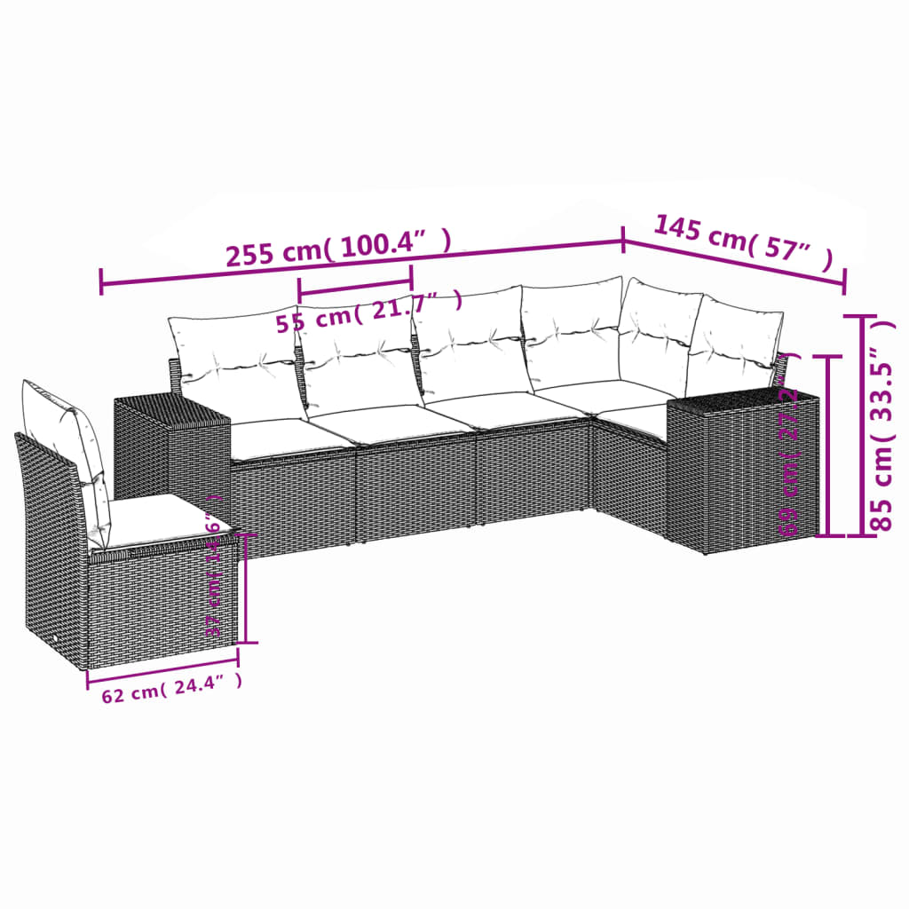 6 Pcs conjunto de sofás p/ jardim com almofadões vime PE bege