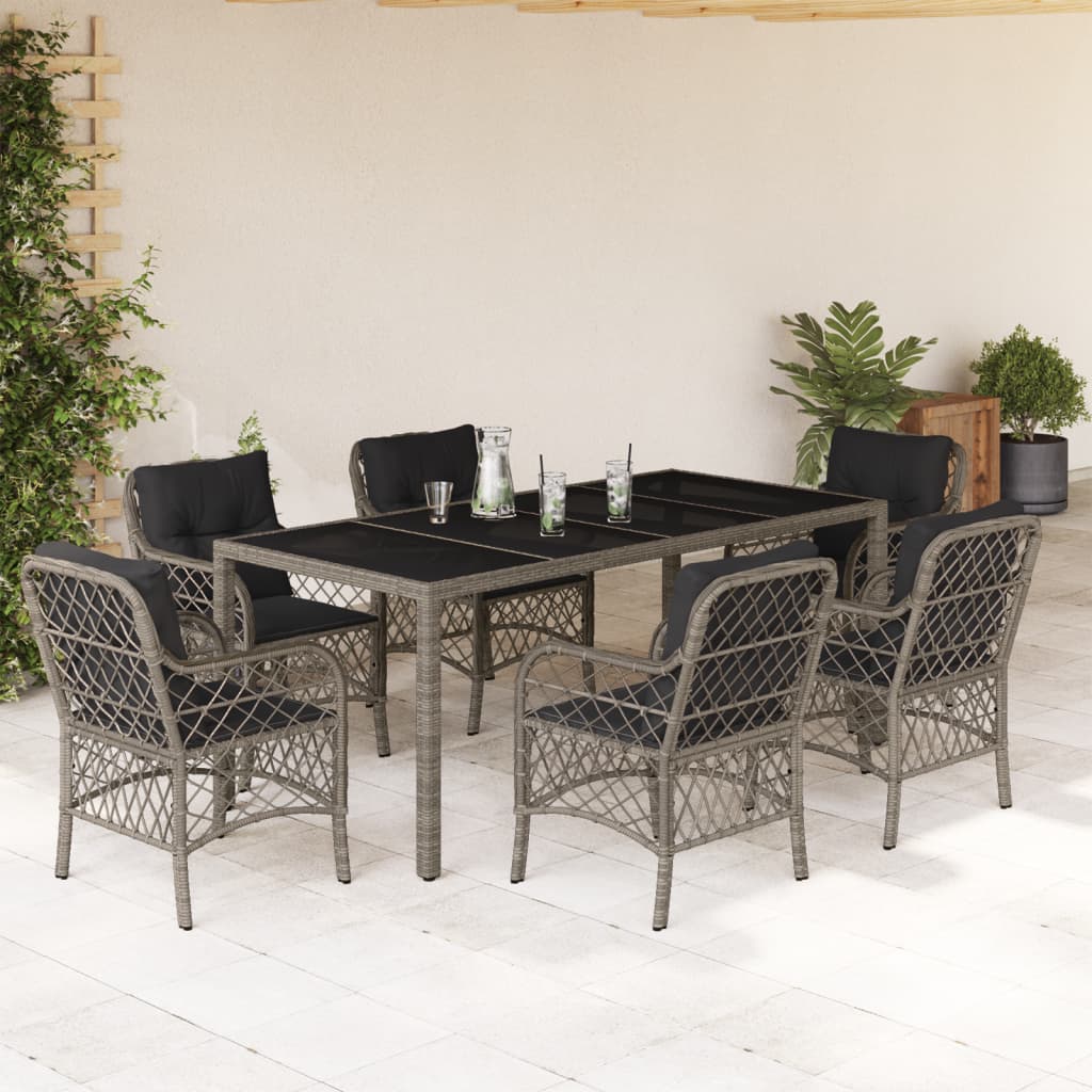 7 Pcs conjunto de jantar p/ jardim c/ almofadões vime PE cinza