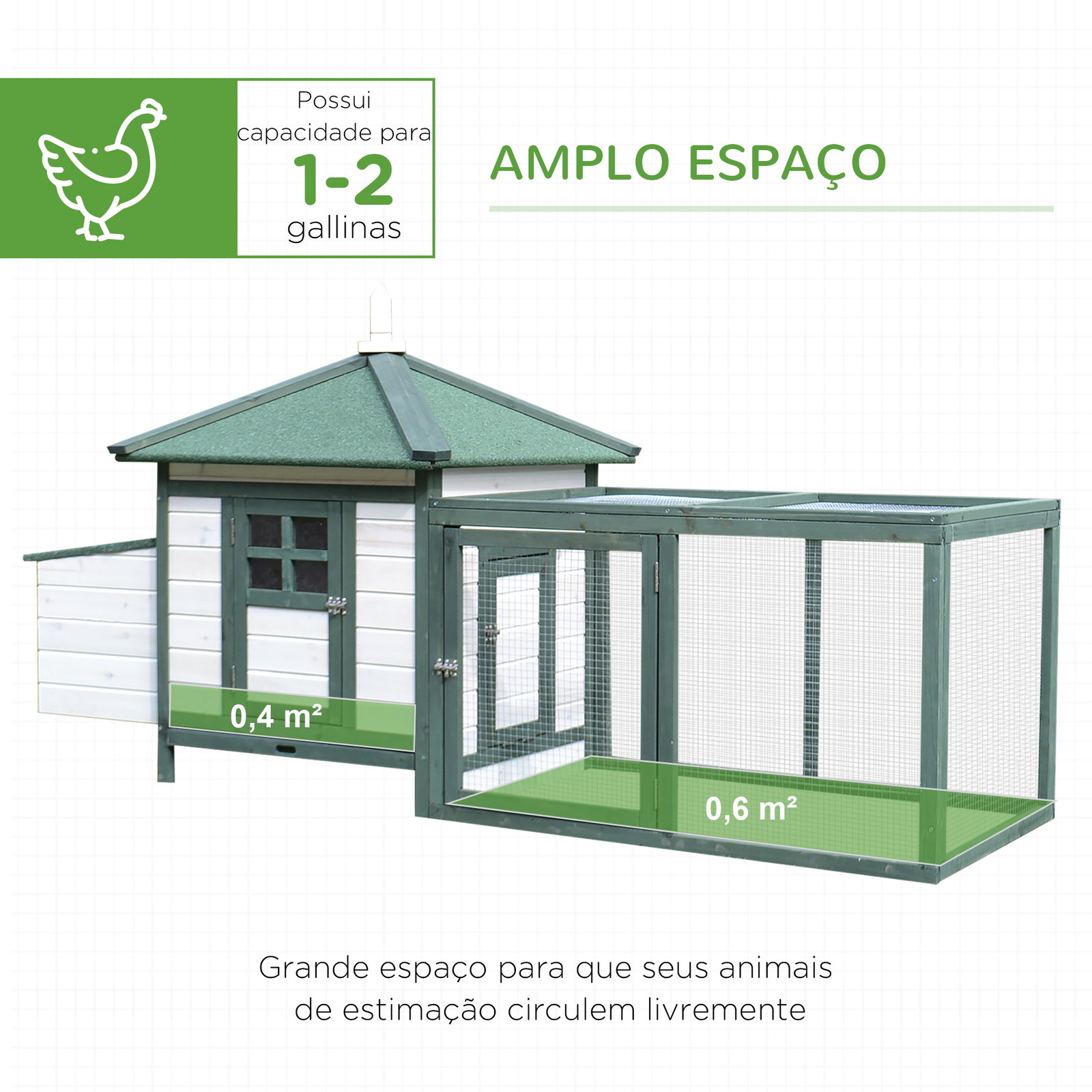Galinheiro de madeira de pinho para 1-2 galinhas com caixa ninho bandeja e espaço para correr 196x76x97 cm verde