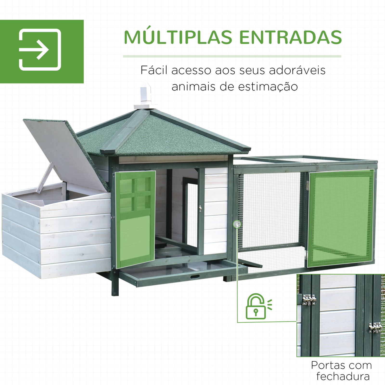 Galinheiro de madeira de pinho para 1-2 galinhas com caixa ninho bandeja e espaço para correr 196x76x97 cm verde