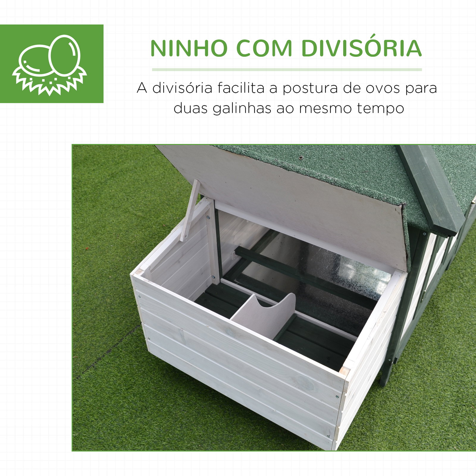 Galinheiro de madeira de pinho para 1-2 galinhas com caixa ninho bandeja e espaço para correr 196x76x97 cm verde