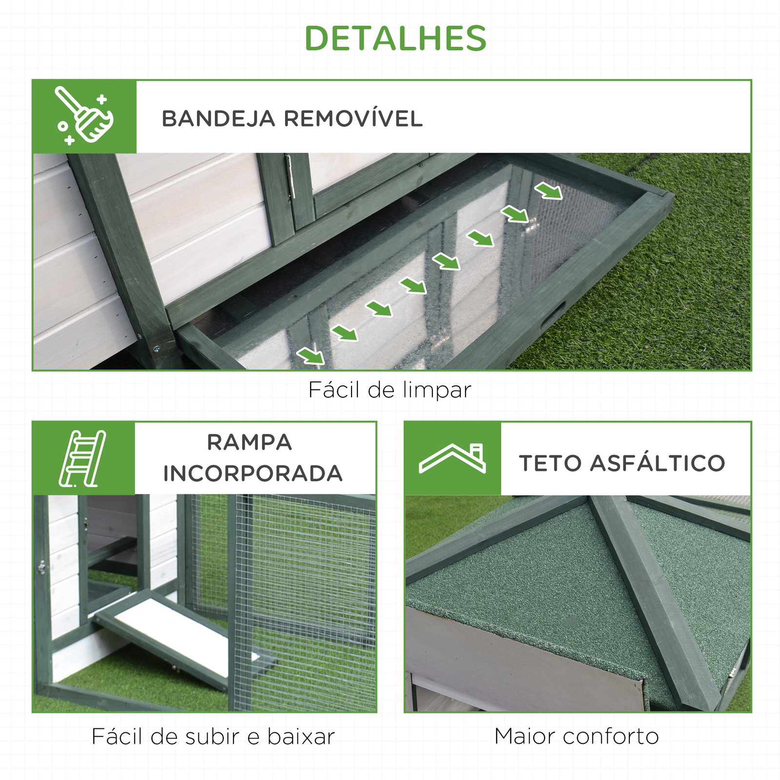 Galinheiro de madeira de pinho para 1-2 galinhas com caixa ninho bandeja e espaço para correr 196x76x97 cm verde