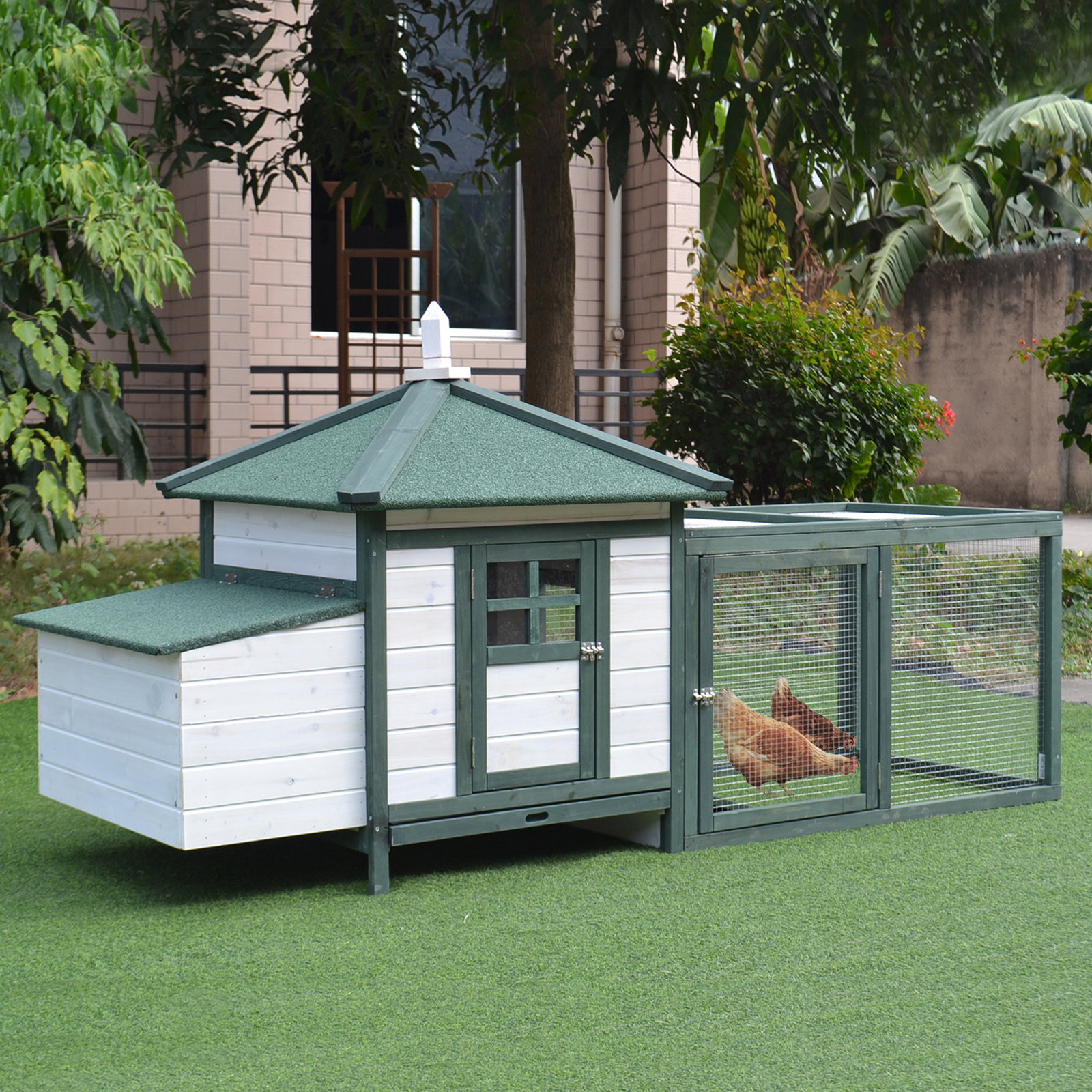 Galinheiro de madeira de pinho para 1-2 galinhas com caixa ninho bandeja e espaço para correr 196x76x97 cm verde