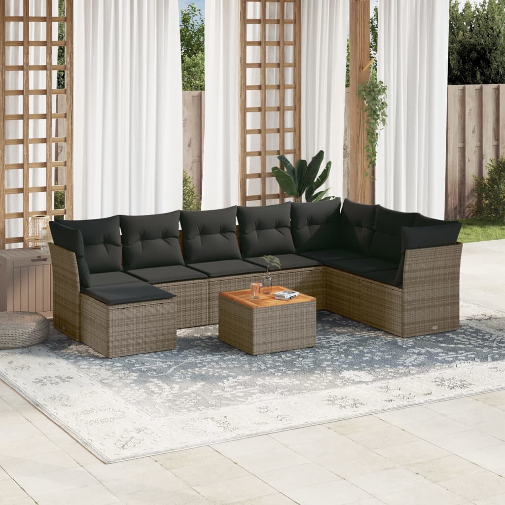 9 Pcs conjunto sofás p/ jardim com almofadões vime PE cinzento