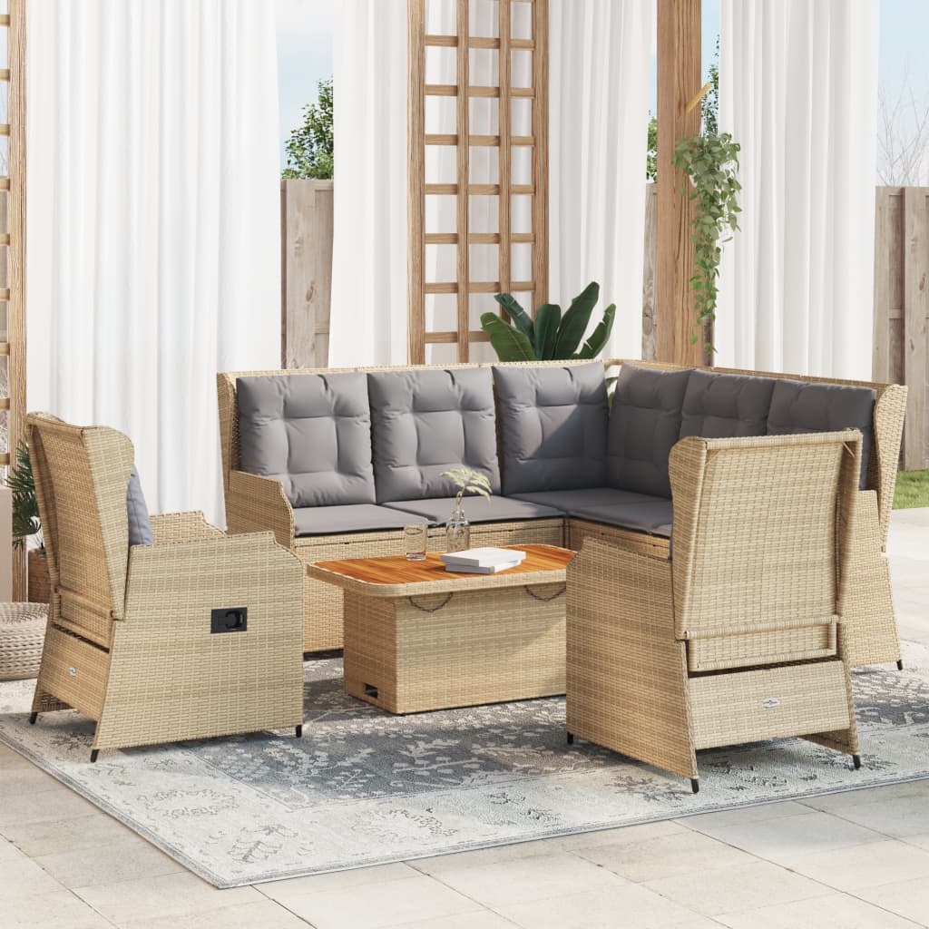6 Pcs conjunto lounge p/ jardim com almofadões vime PE bege