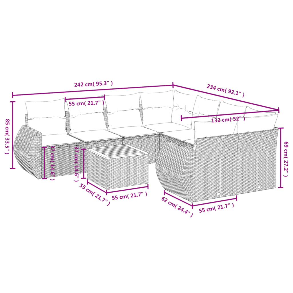 9 Pcs conjunto de sofás p/ jardim com almofadões vime PE bege