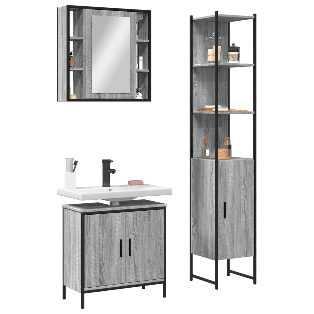 3 Pcs conjunto móveis wc derivados de madeira cinzento sonoma