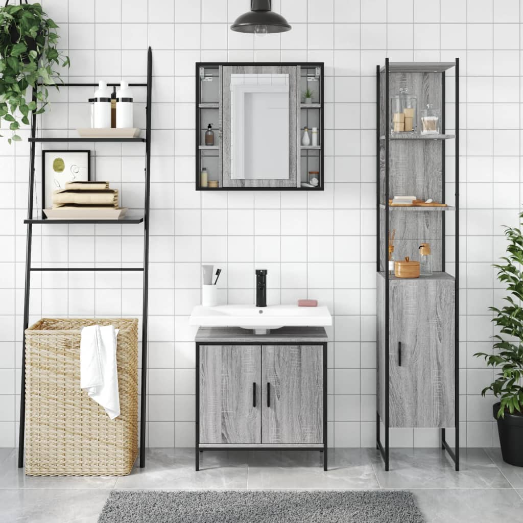 3 Pcs conjunto móveis wc derivados de madeira cinzento sonoma