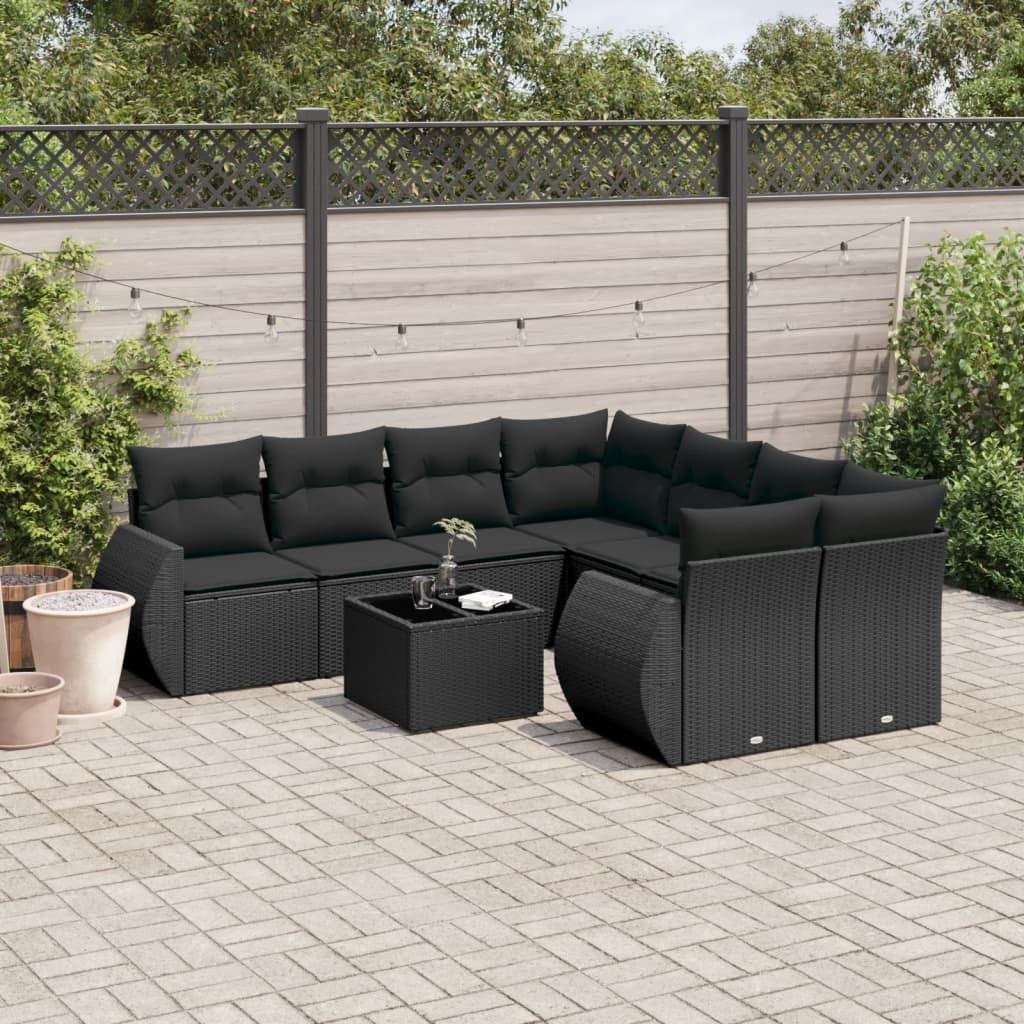 9 Pcs conjunto de sofás p/ jardim c/ almofadões vime PE preto