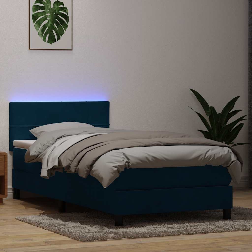 Cama box spring c/ colchão e LED 80x220 cm veludo azul-escuro
