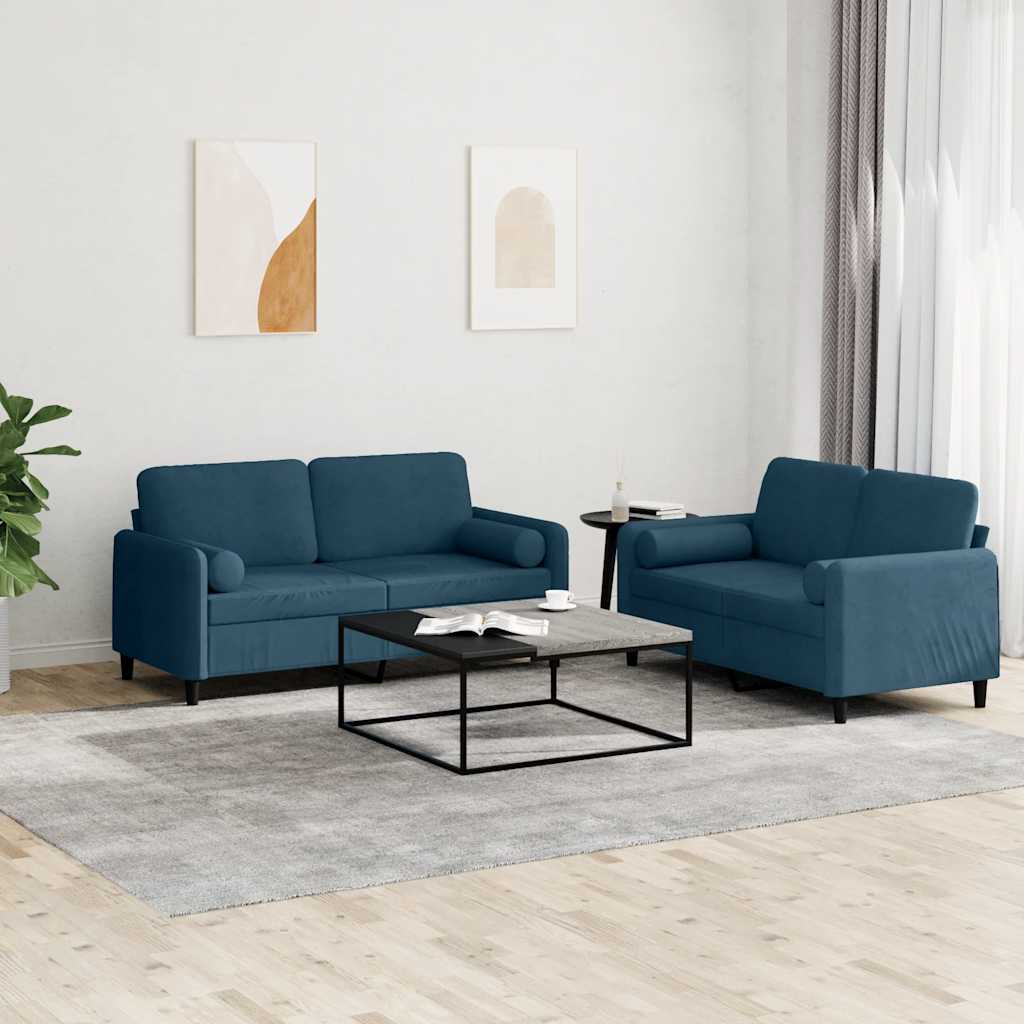 2 Pcs conjunto de sofás com almofadas veludo azul