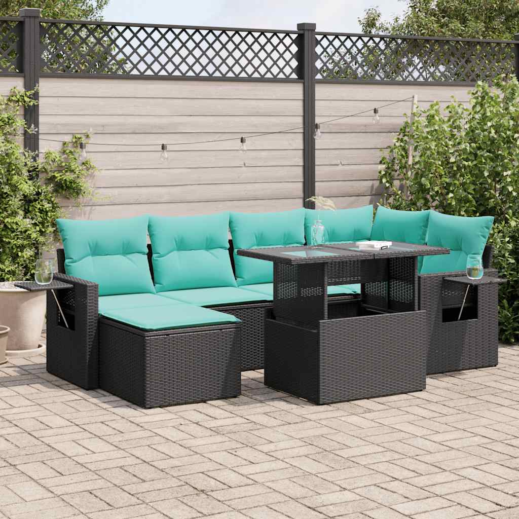 7 Pcs conjunto sofás jardim c/ almofadões vime PE/acácia preto