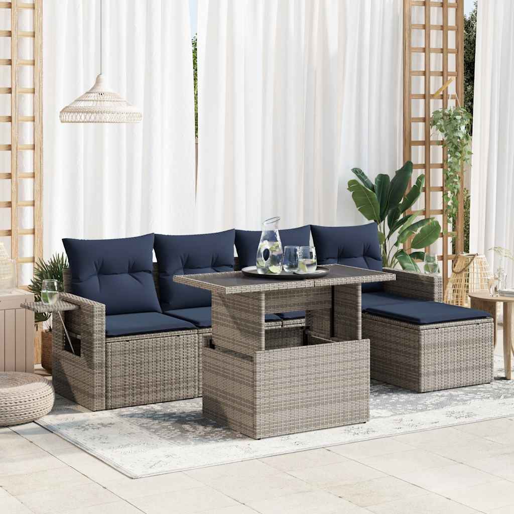 6 Pcs conjunto sofás jardim c/ almofadões vime PE/acácia cinzento