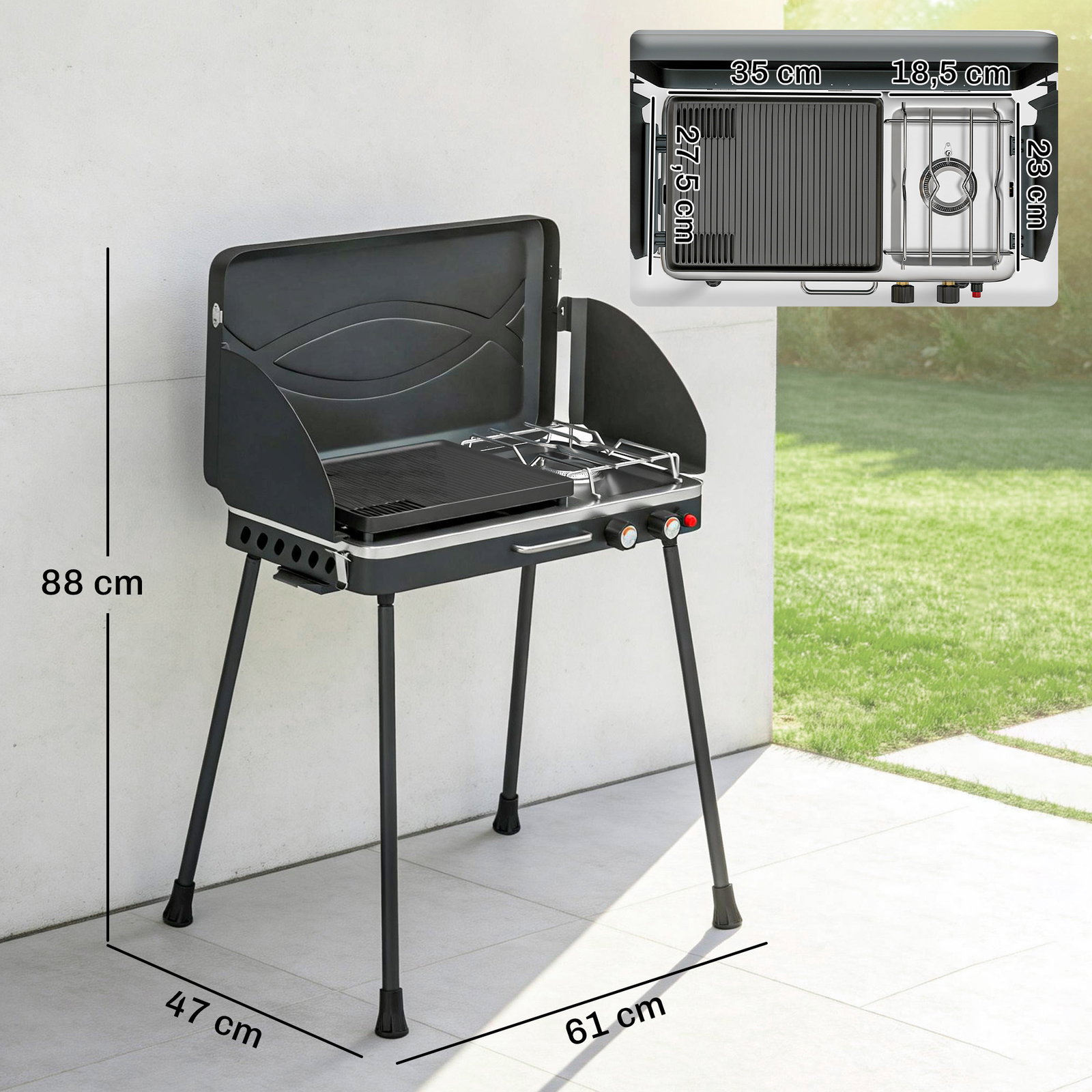 Grelhador a gás portátil 2 em 1 propano 7 kw de mesa ou de pé com chapa grande pés removíveis preto