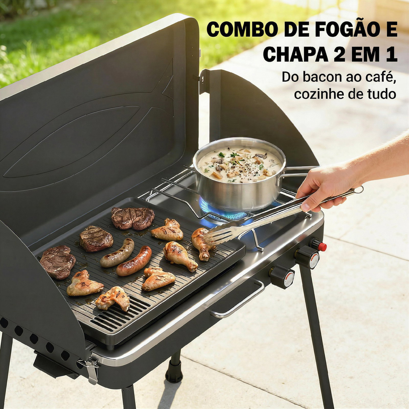 Grelhador a gás portátil 2 em 1 propano 7 kw de mesa ou de pé com chapa grande pés removíveis preto