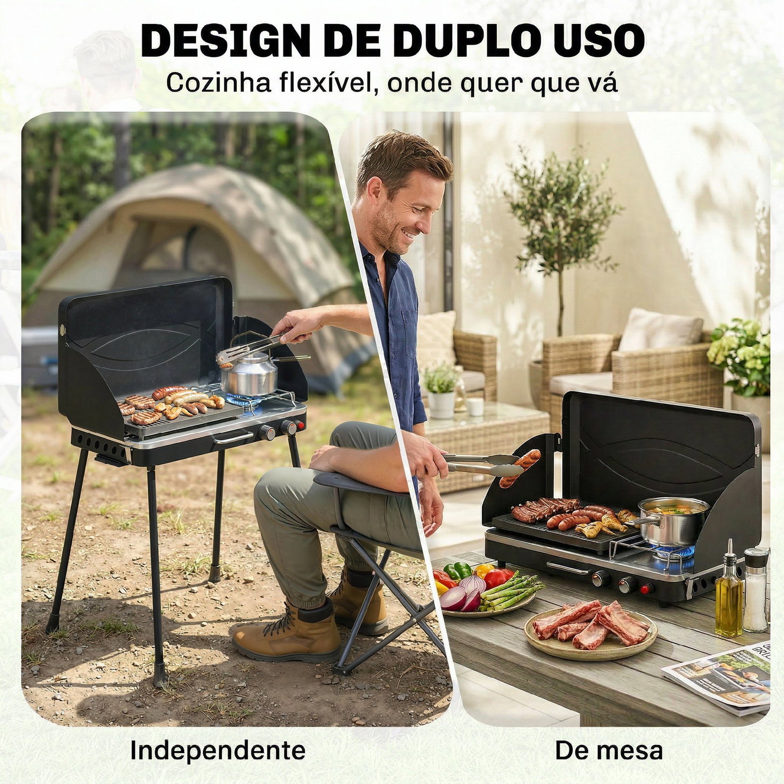 Grelhador a gás portátil 2 em 1 propano 7 kw de mesa ou de pé com chapa grande pés removíveis preto