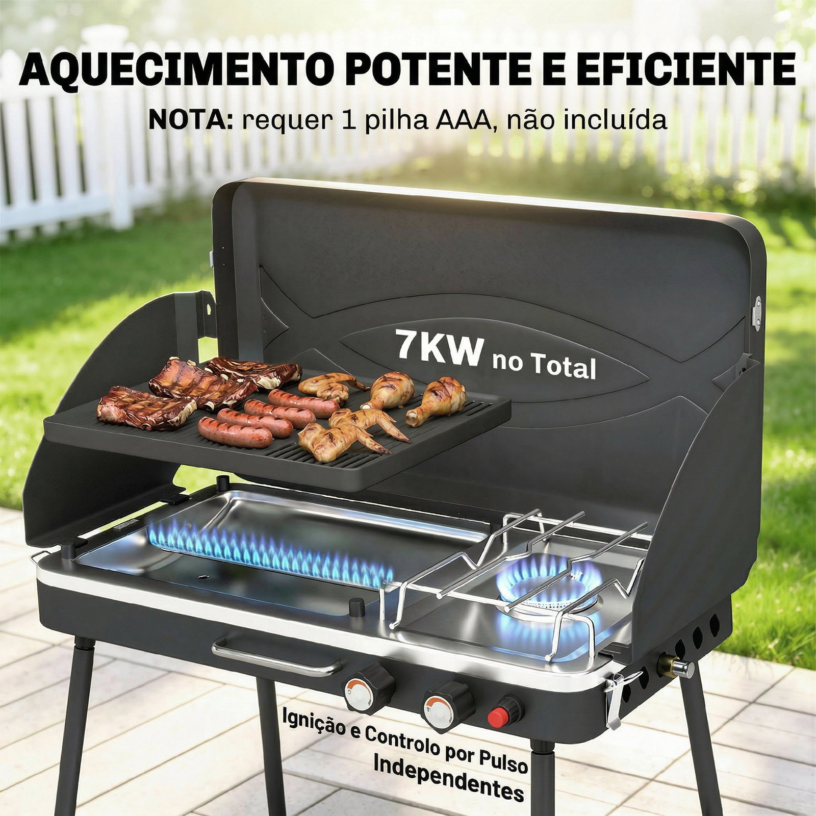 Grelhador a gás portátil 2 em 1 propano 7 kw de mesa ou de pé com chapa grande pés removíveis preto