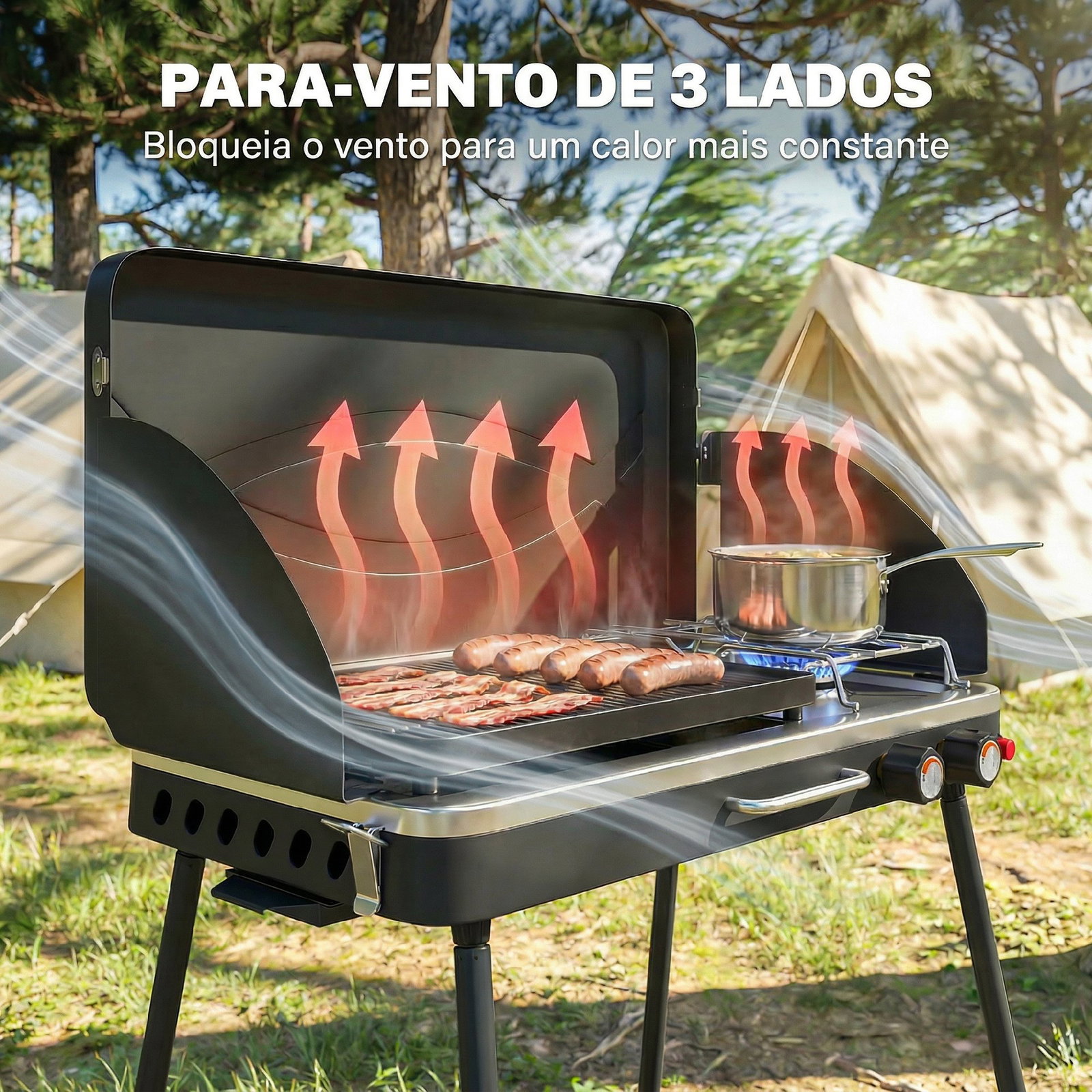 Grelhador a gás portátil 2 em 1 propano 7 kw de mesa ou de pé com chapa grande pés removíveis preto