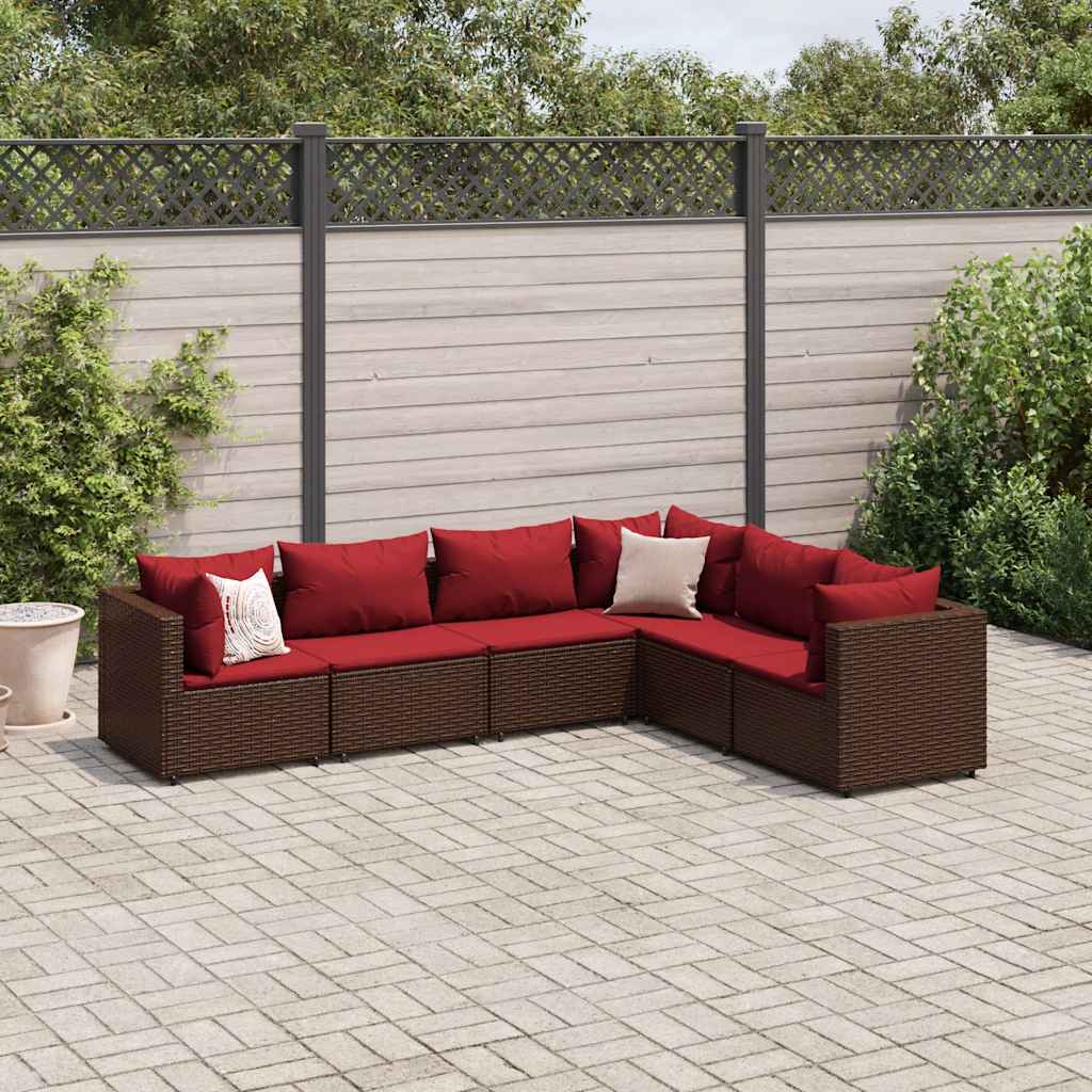 6 Pcs conj. lounge jardim c/ almofadões 6 pcs vime PE castanho