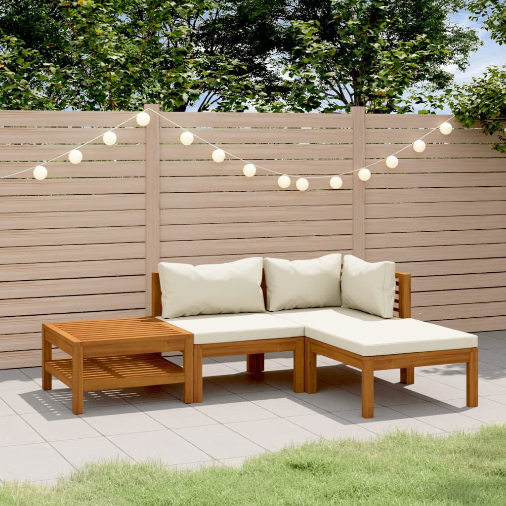 4 Pcs conjunto lounge jardim c/ almofadões creme acácia maciça