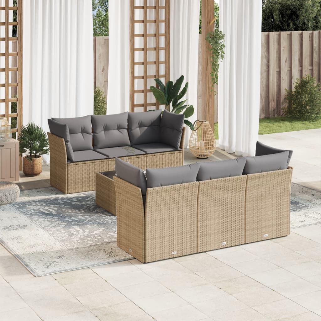 7 Pcs conjunto de sofás p/ jardim com almofadões vime PE bege