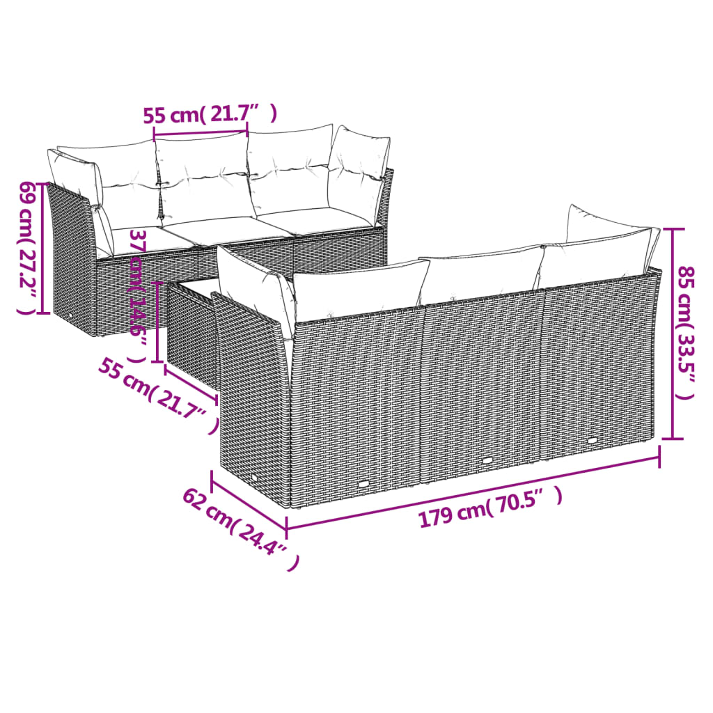 7 Pcs conjunto de sofás p/ jardim com almofadões vime PE bege
