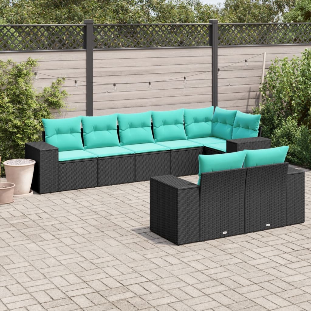 Conjunto de sofá de jardim com 8 peças e almofadas em rattan sintético preto