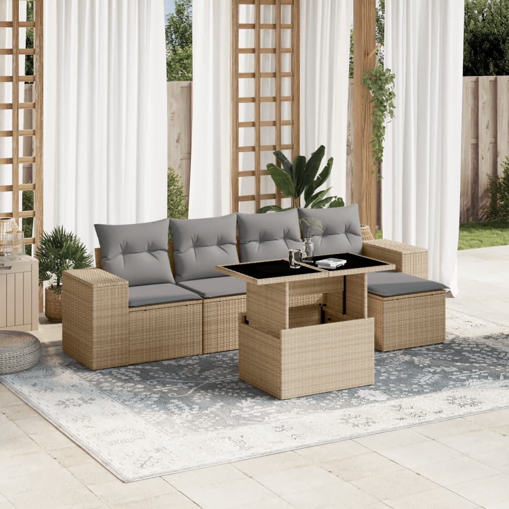 6 Pcs conjunto de sofás p/ jardim com almofadões vime PE bege