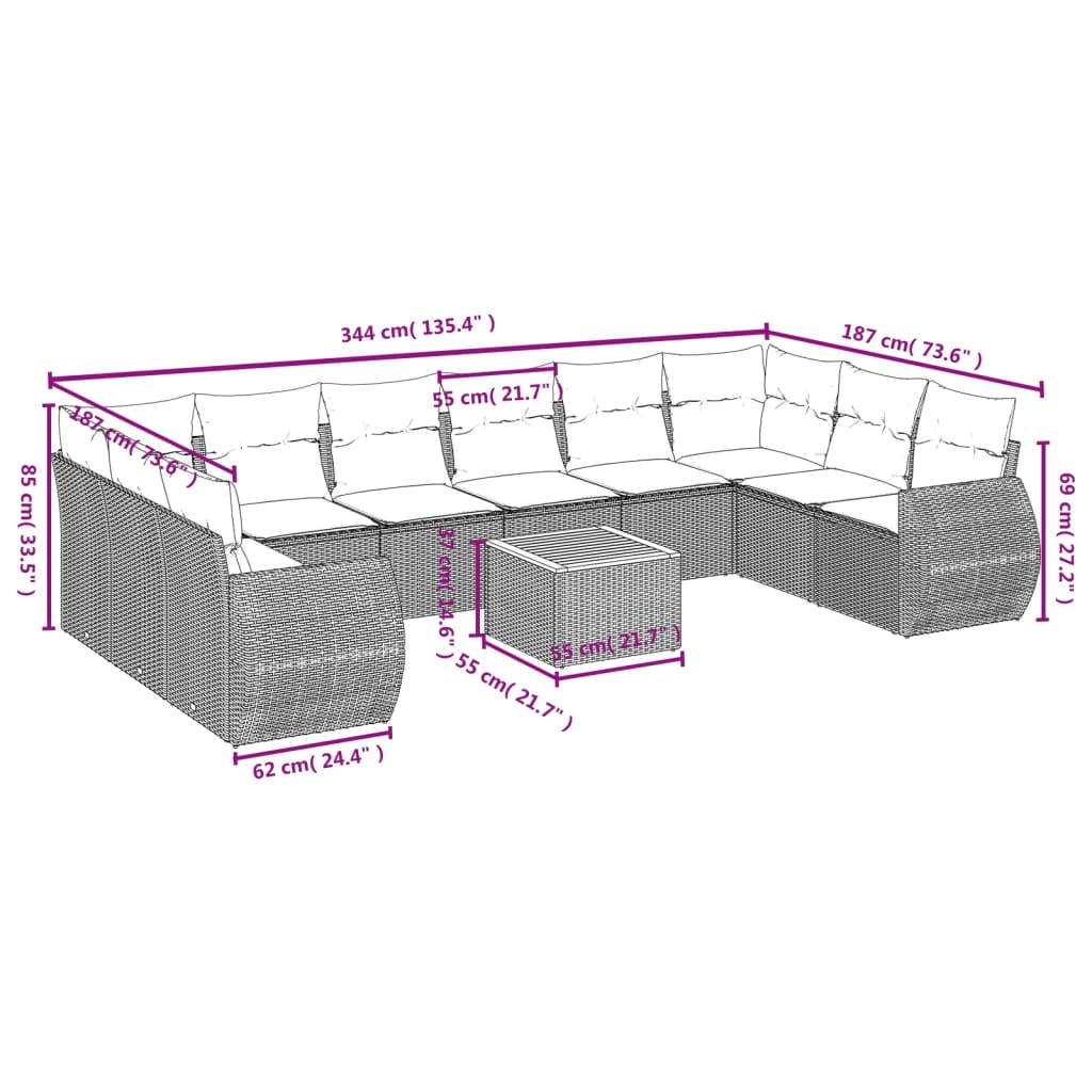 11 Pcs conjunto sofás de jardim c/ almofadões vime PE preto
