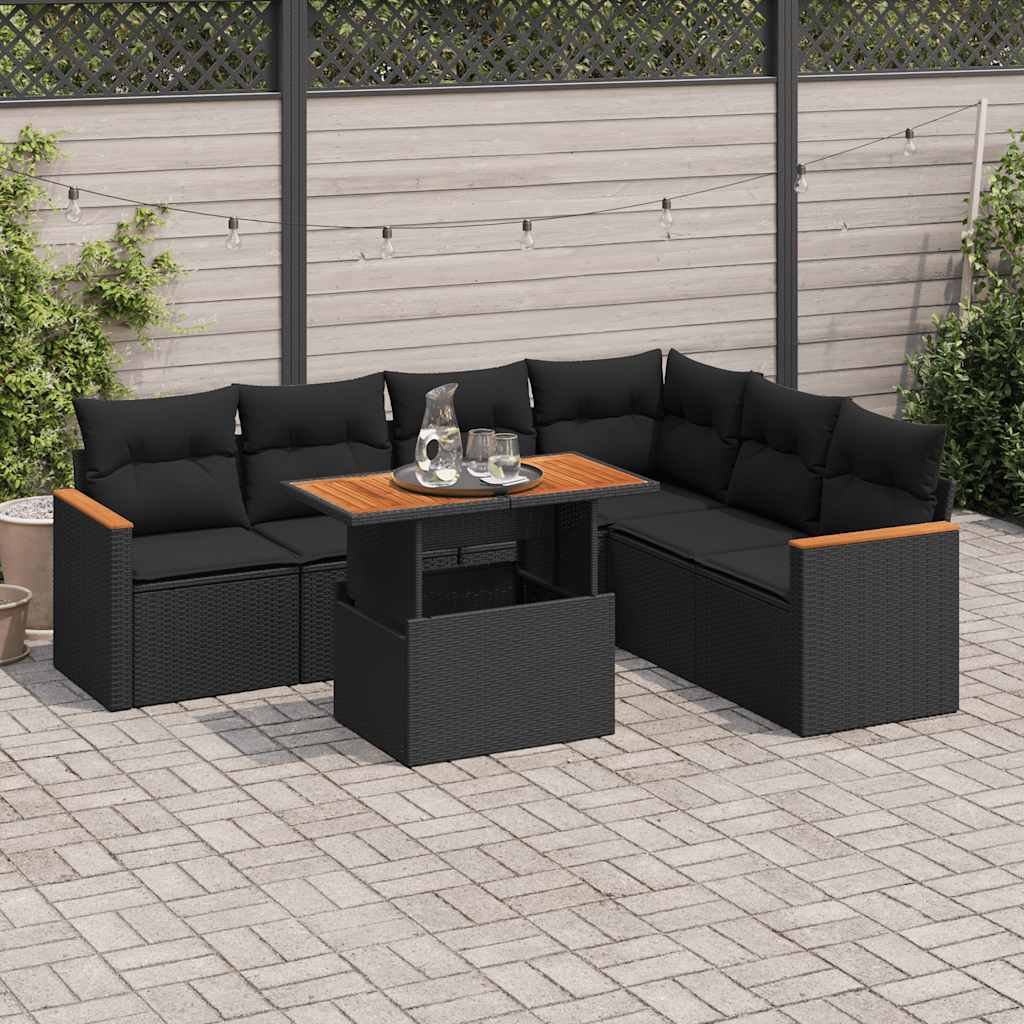 7 Pcs conjunto sofás jardim c/ almofadões vime PE/acácia preto