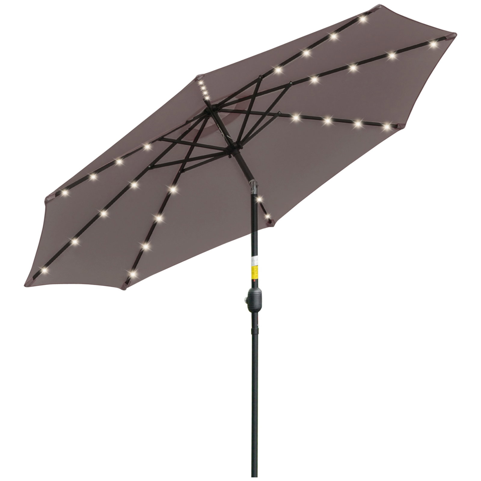 Chapéu de sol para terraço exterior, ø265 cm, guarda-sol de jardim com 32 luzes LED solares, poste de aço e manivela inclinável, para pátio, terraço, cinzento