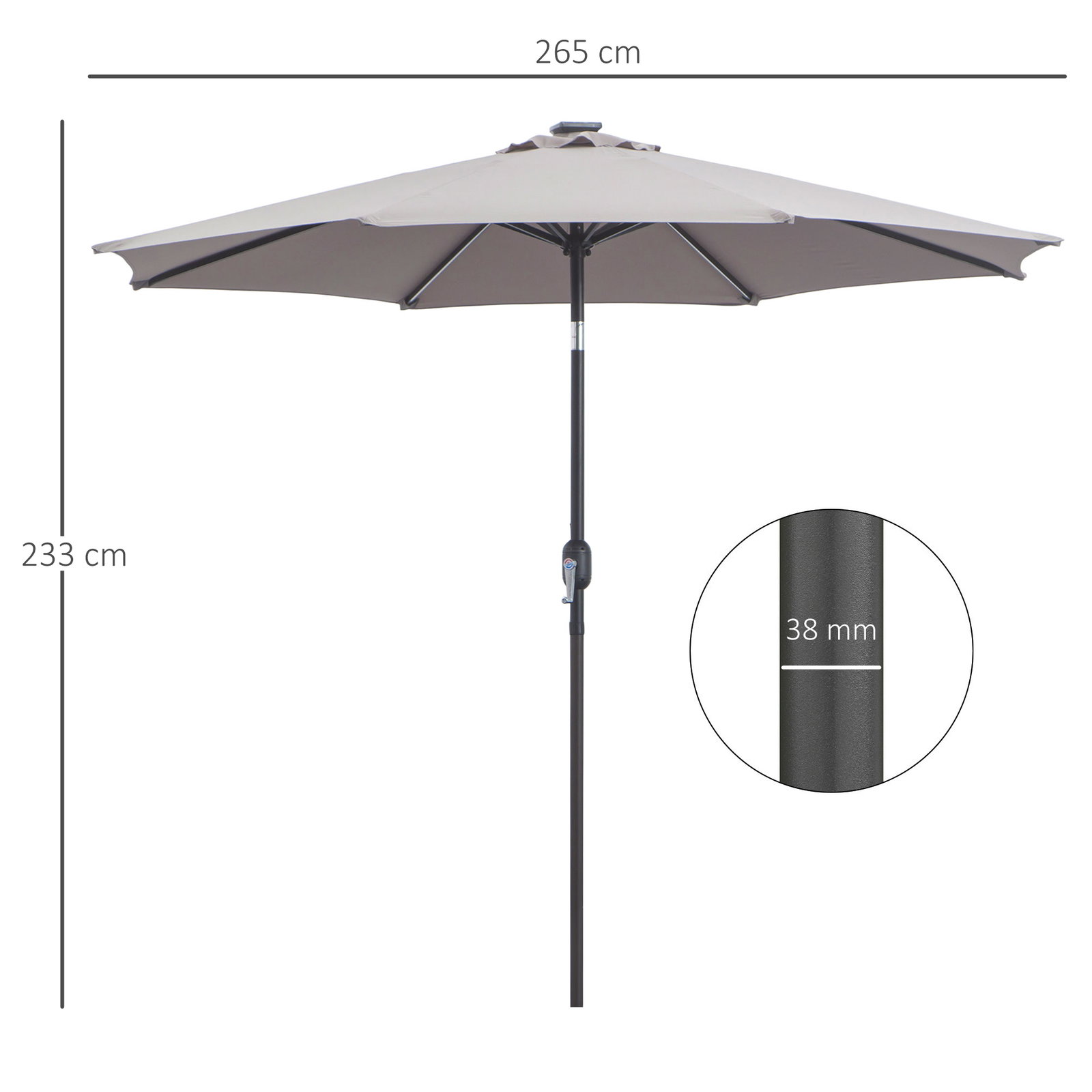 Chapéu de sol para terraço exterior, ø265 cm, guarda-sol de jardim com 32 luzes LED solares, poste de aço e manivela inclinável, para pátio, terraço, cinzento