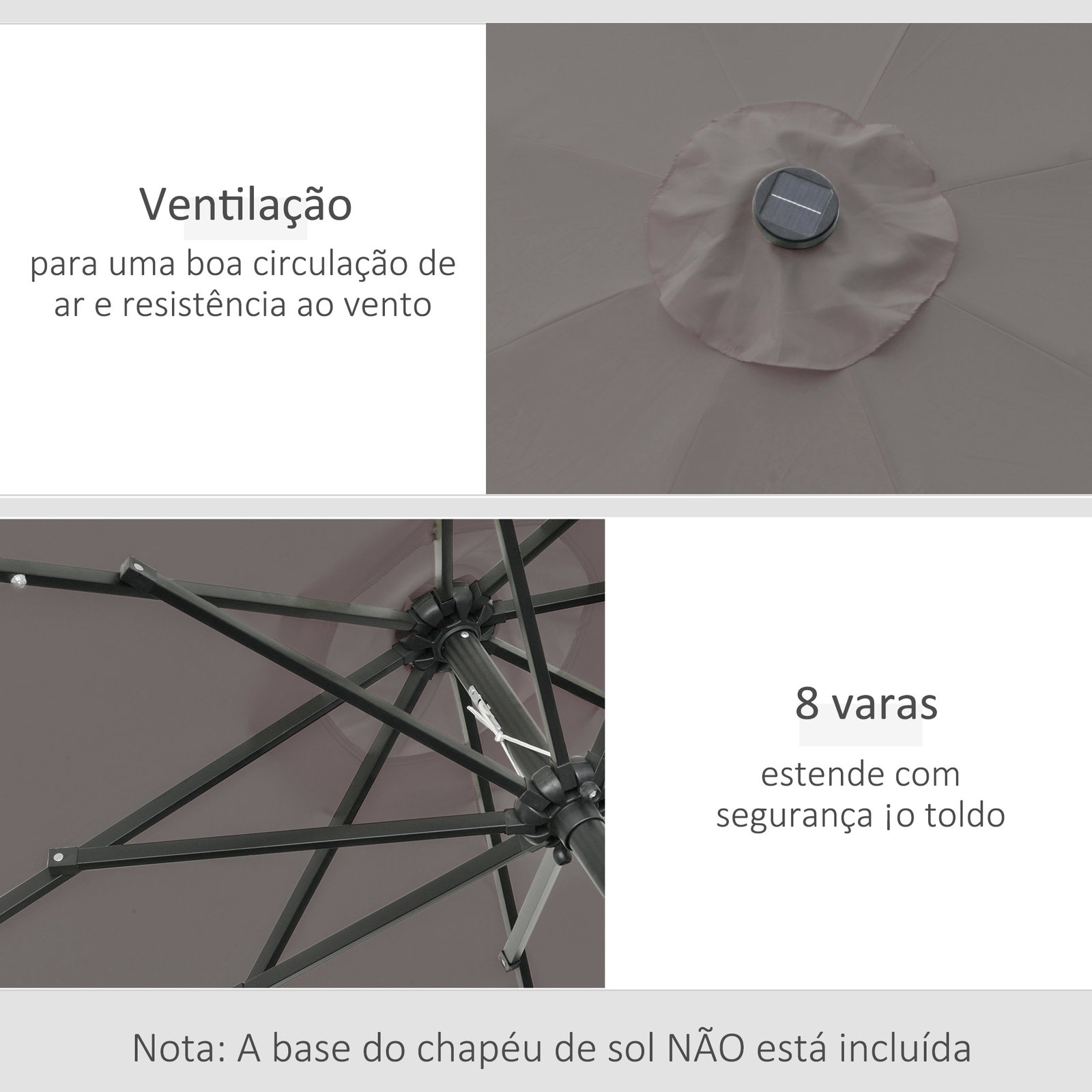 Chapéu de sol para terraço exterior, ø265 cm, guarda-sol de jardim com 32 luzes LED solares, poste de aço e manivela inclinável, para pátio, terraço, cinzento
