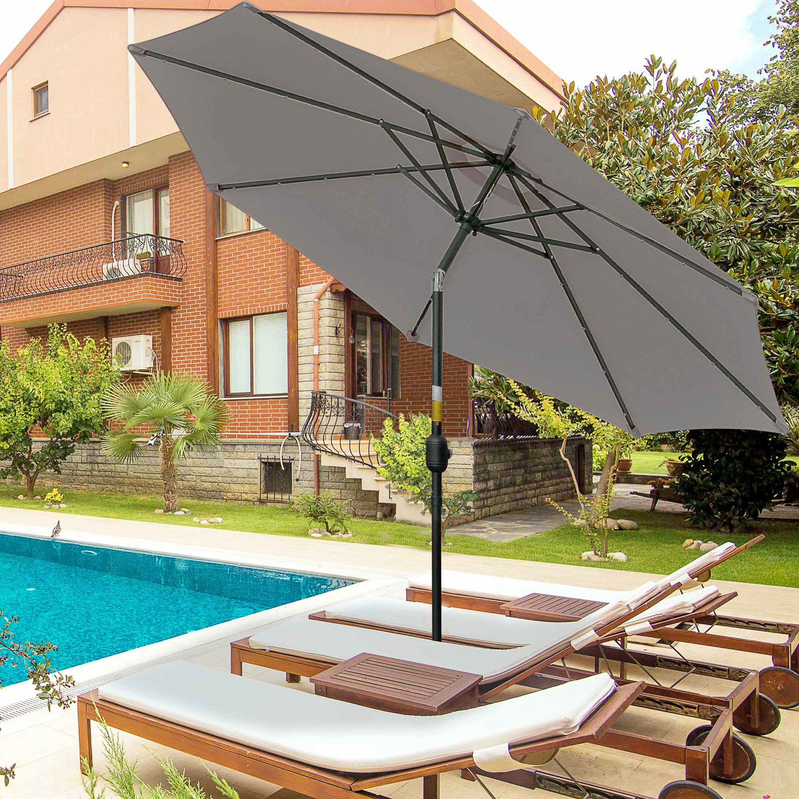 Chapéu de sol para terraço exterior, ø265 cm, guarda-sol de jardim com 32 luzes LED solares, poste de aço e manivela inclinável, para pátio, terraço, cinzento