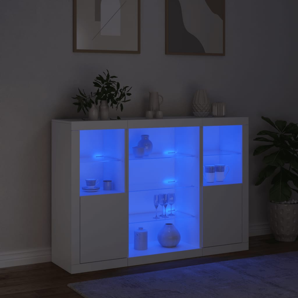Aparadores c/ luzes LED 3 pcs derivados de madeira branco