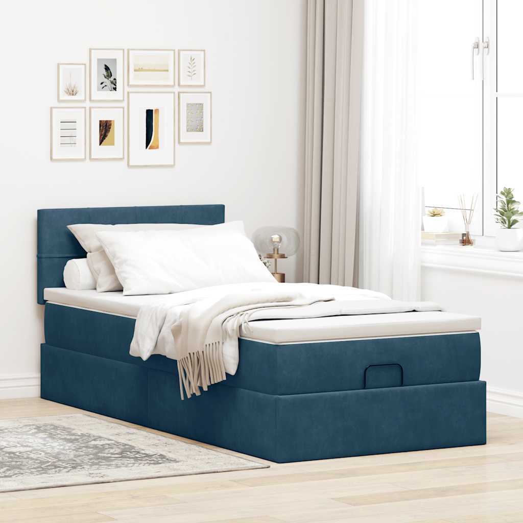 Estrutura de cama otomana com colchão azul escuro veludo