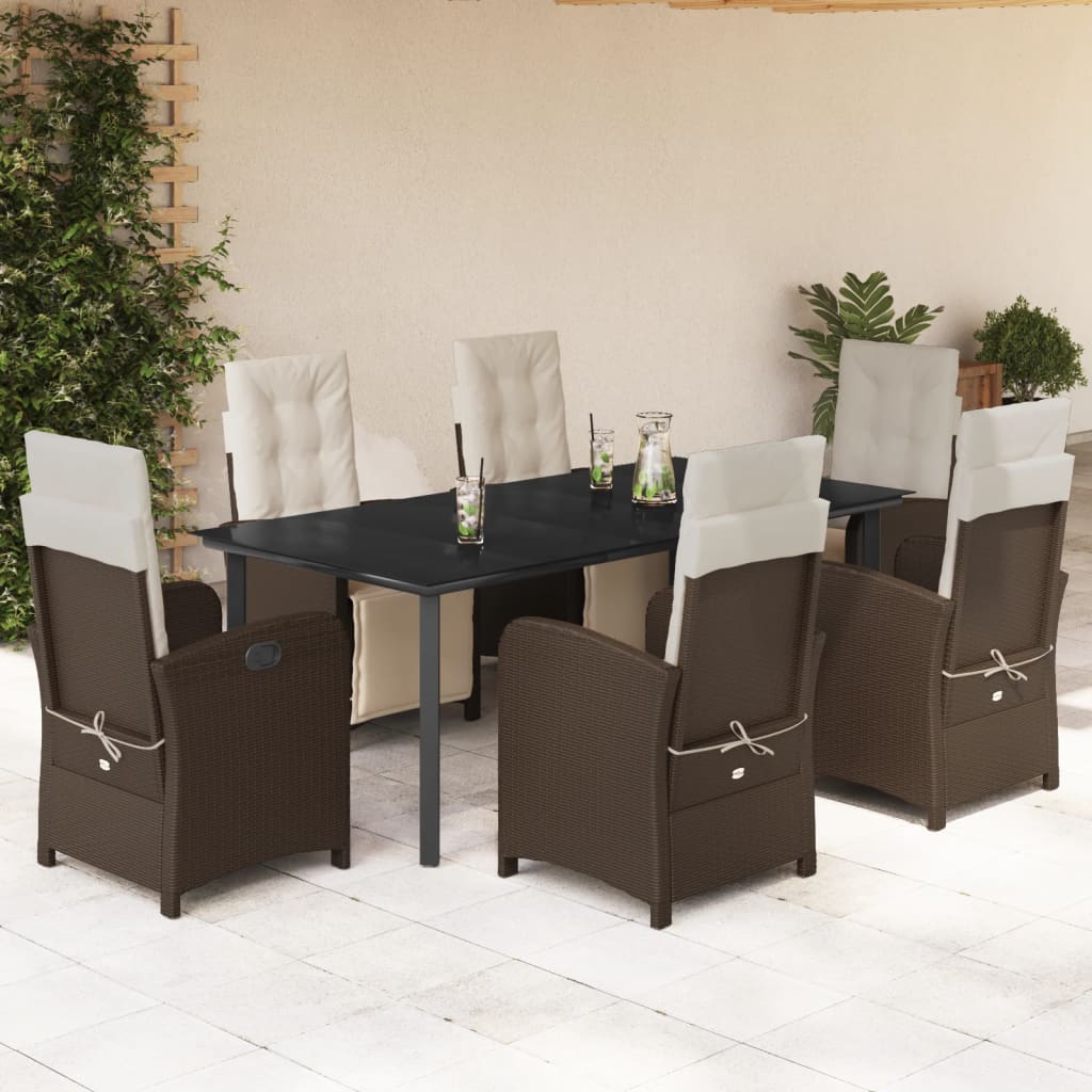 7 Pcs conjunto jantar p/ jardim c/ almofadões vime PE castanho