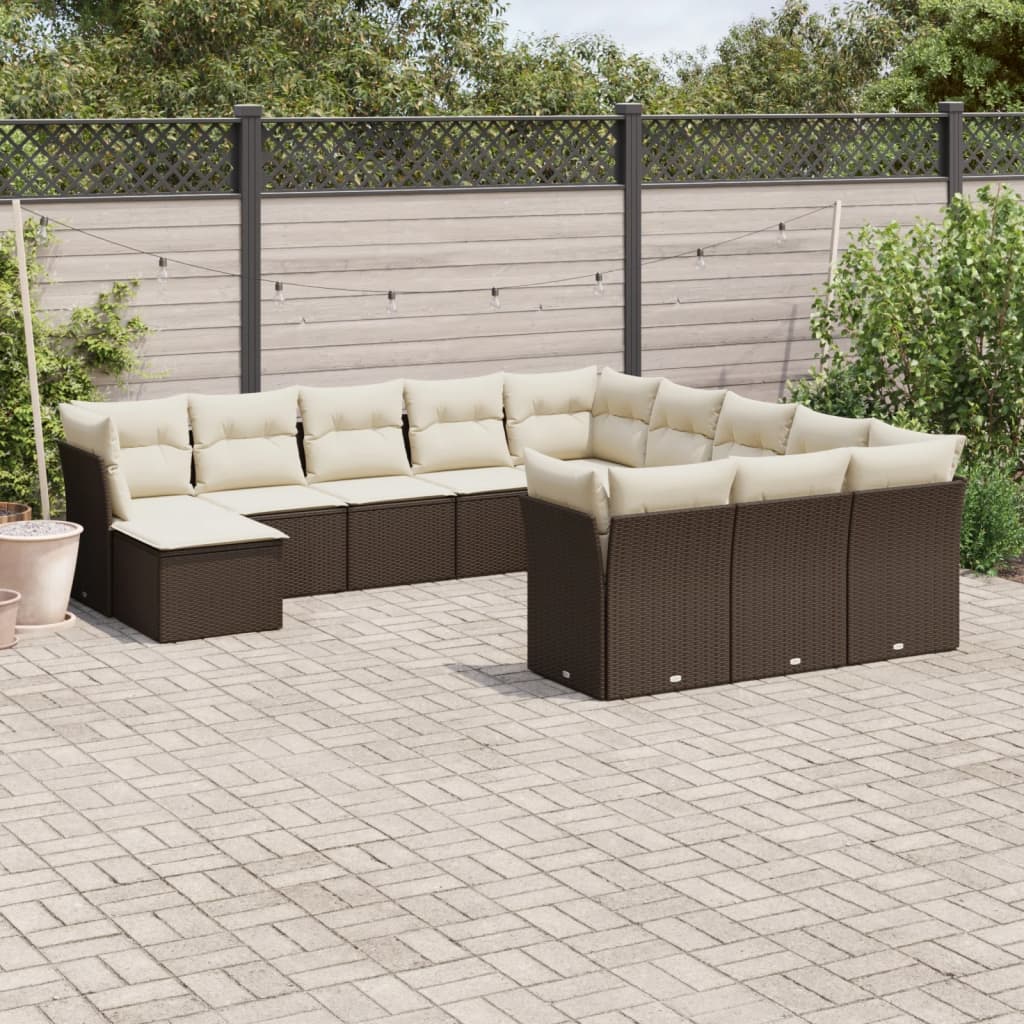 12 Pcs conjunto de sofás jardim com almofadões vime PE castanho
