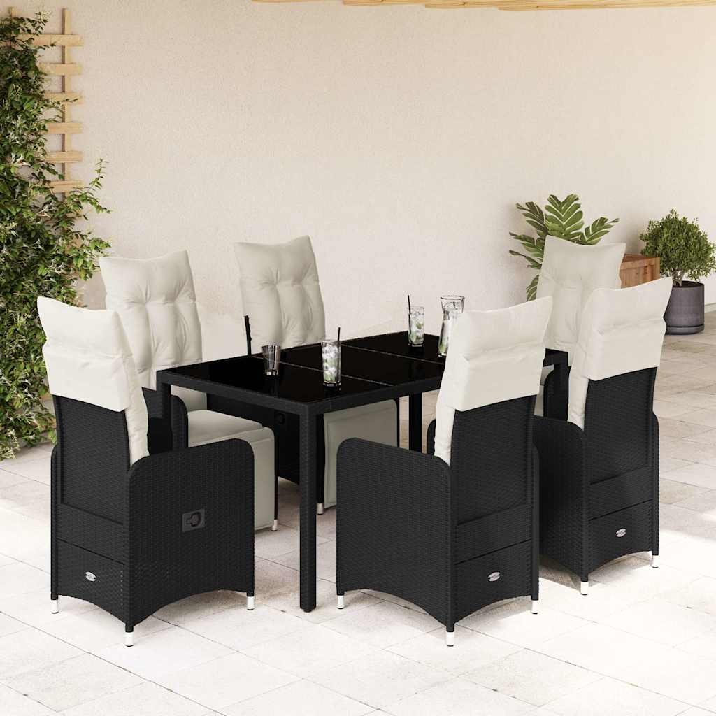 7 Pcs conjunto de bistrô p/ jardim c/ almofadões vime PE preto